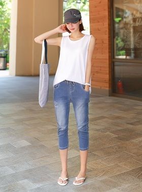 オールウェイズ7分丈デニムバンディングパンツ　カワイイ普段着アイテムなら韓国ファッション通販「pinksisly」
