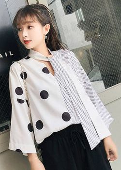 韓国ファッション　andj ドット柄切り替えブラウス