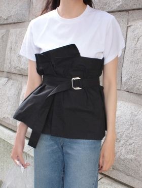 韓国ファッション　ドッキングデザインＴシャツ　アイスー