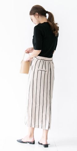韓国ファッション　レディース　ストライプリネンロングスカート