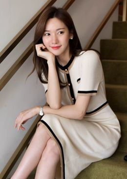 korean style 配色ボタンニットワンピース