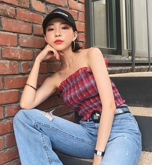 ラッフルチェックオフショルダー 韓国ファッション レディース