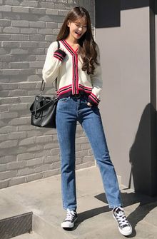 韓国ファッション通販　配色カーデガン